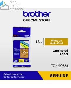 Brosur gambar perlengkapan kantor Brother TZE-MQ835 White on Satin Gold 12mm P-touch Tape