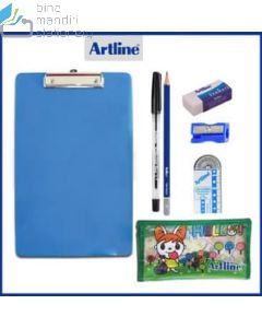 Brosur gambar perlengkapan sekolah Artline Paket Ujian Clip Mika Rautan Pensil,Penghapus Pensil,Pensil,Clipboard Mika